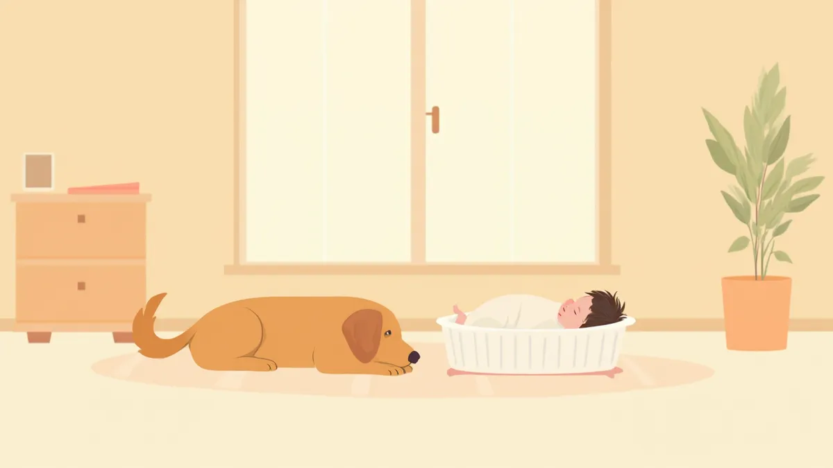 신생아가 자는 옆에 얌전히 앉아 있는 반려견