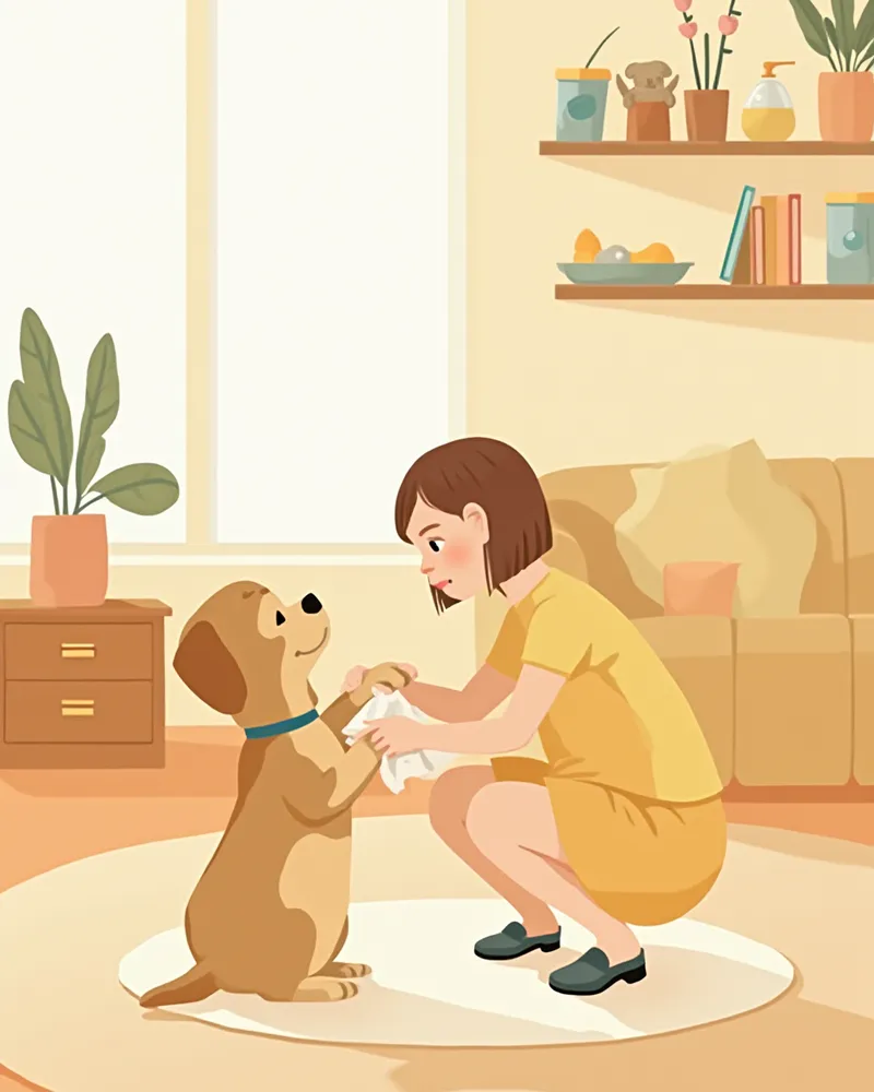 외출 후 반려견 발을 닦아주는 보호자