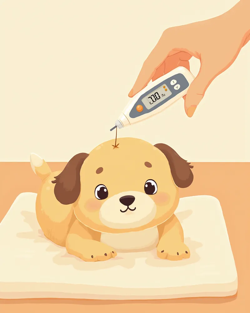 체온계로 신생 강아지의 체온을 재는 보호자 손