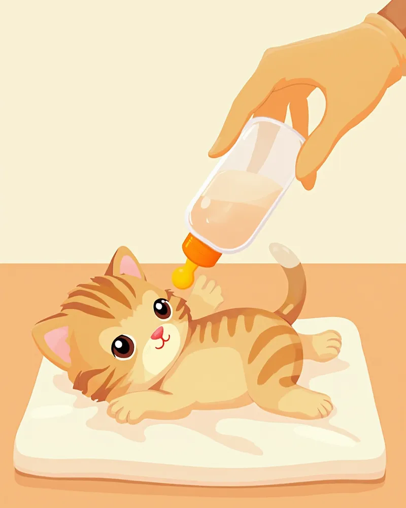 젖병으로 분유를 먹이는 신생 자묘