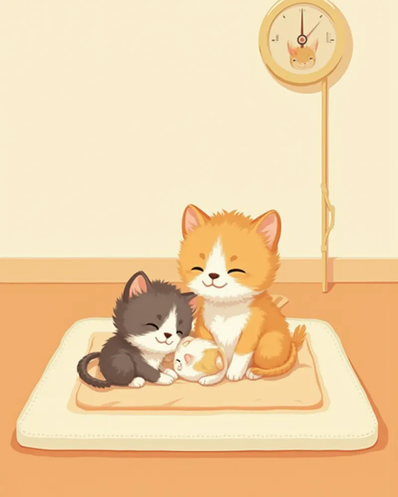 온열 패드 위에서 함께 자는 신생 자묘들