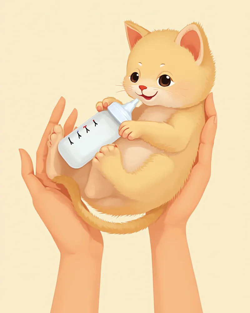 배를 바닥에 대고 머리를 살짝 든 자세로 젖병을 먹는 신생 고양이