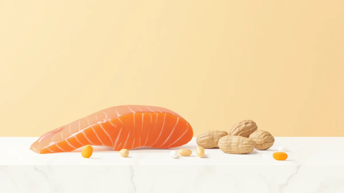 나이아신이 풍부한 식품과 비타민 B3 캡슐을 보여주는 사진