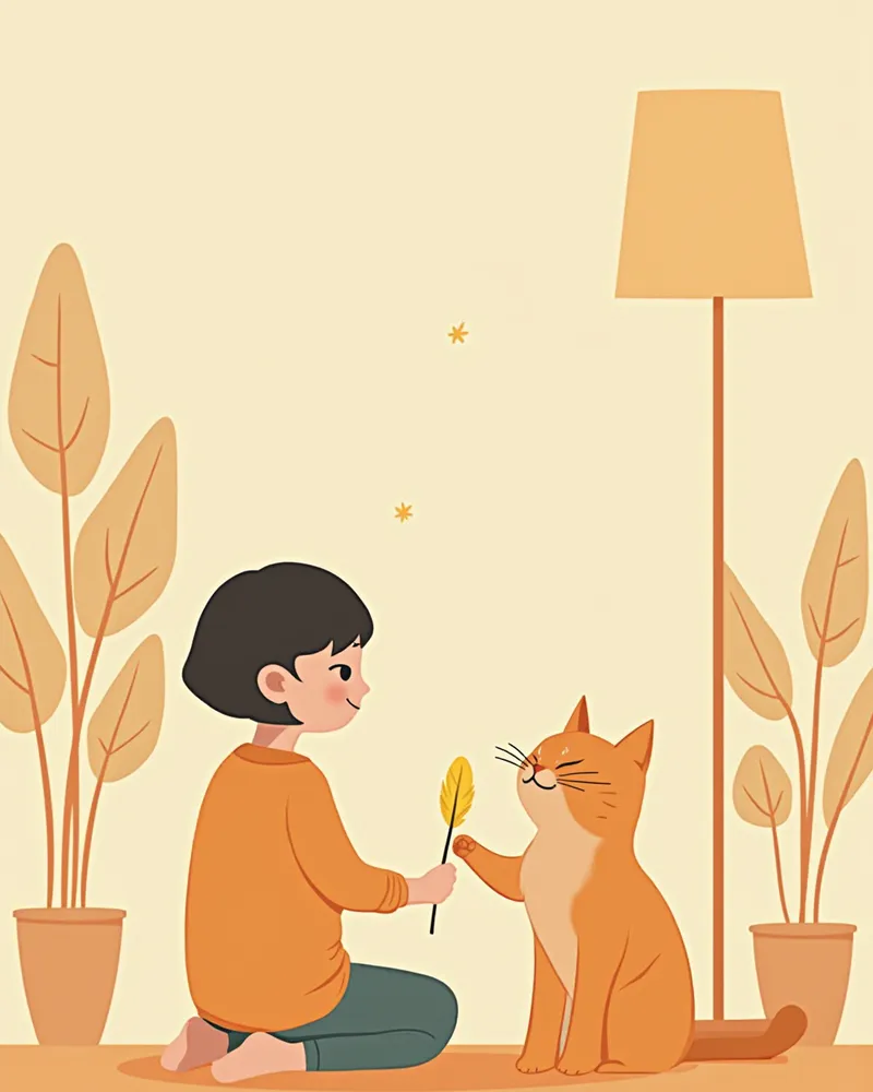 저녁에 고양이와 놀아주는 보호자