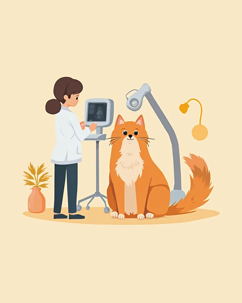 수의사가 노르웨이숲 고양이의 심장 초음파 검사를 하는 모습