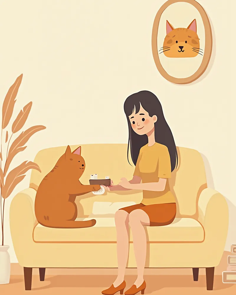 보호자가 집에서 노르웨이숲 고양이를 부드럽게 빗질해주는 모습