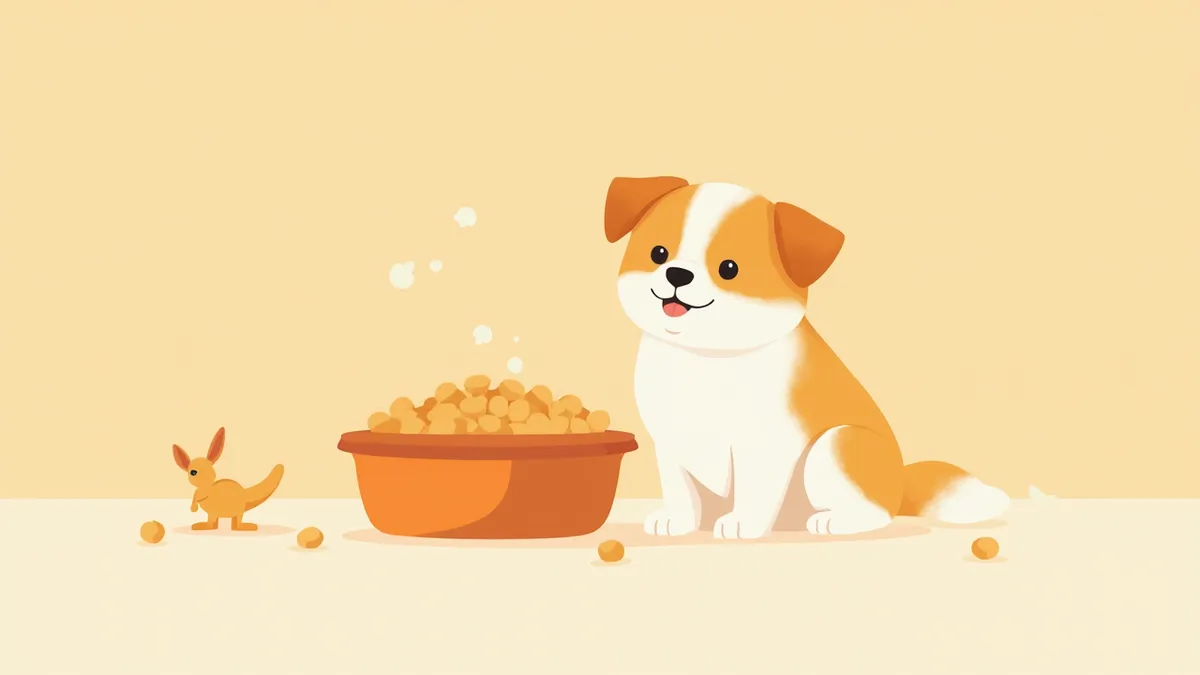 신규 단백질 사료 앞에 앉아있는 건강한 강아지