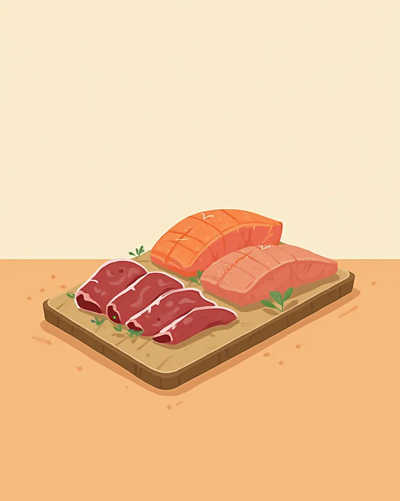 캥거루·오리·연어 원료가 도마 위에 놓인 모습