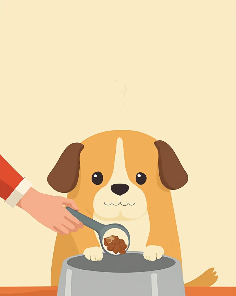 기존 사료와 신규 사료를 섞어주는 보호자 손