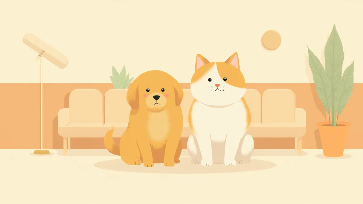 동물병원에서 나란히 앉아 있는 강아지와 고양이