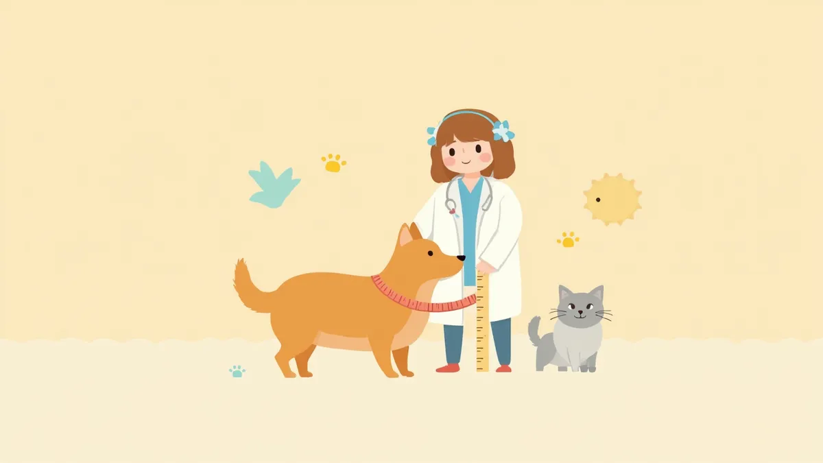 체중계와 줄자로 반려동물 체형을 측정하는 수의사