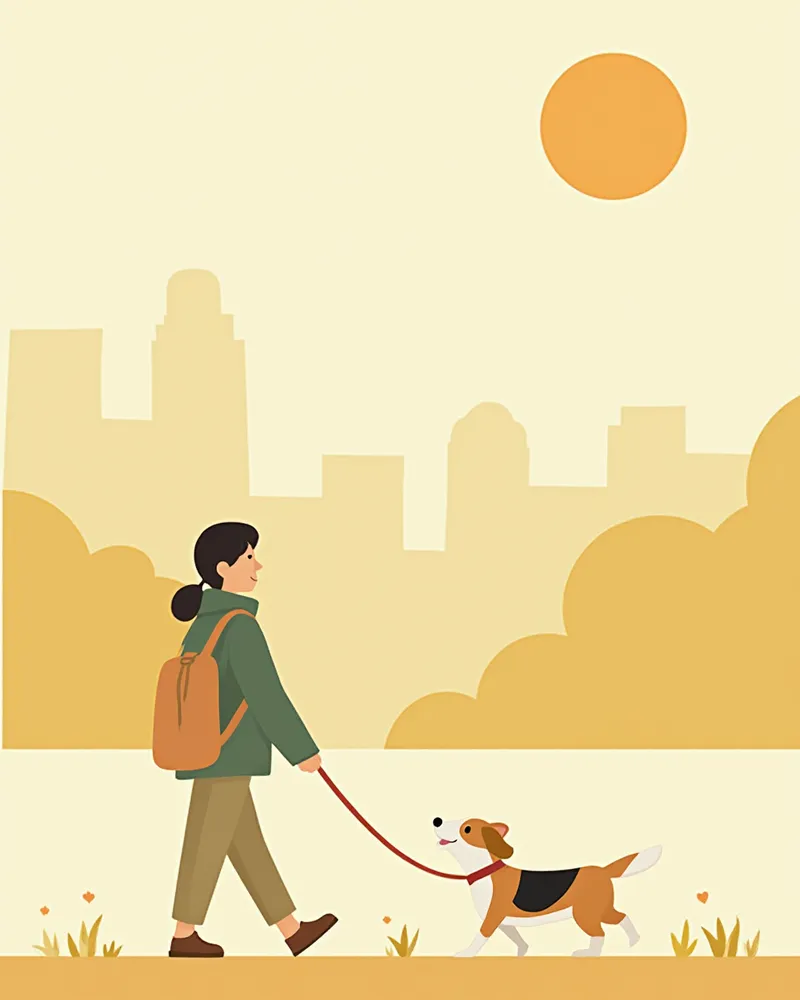 공원에서 보호자와 산책하는 강아지