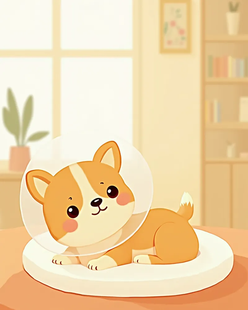 중성화 수술 후 회복용 넥카라를 착용한 강아지