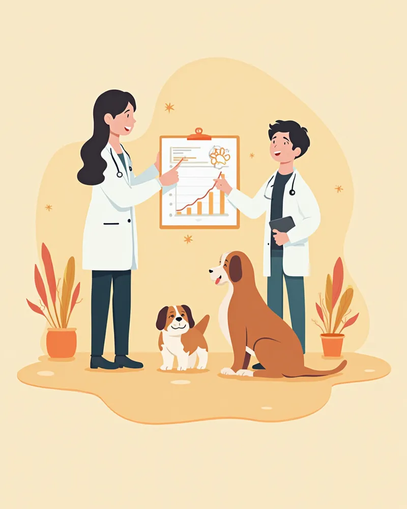 수의학 연구 자료를 설명하는 수의사와 보호자 일러스트