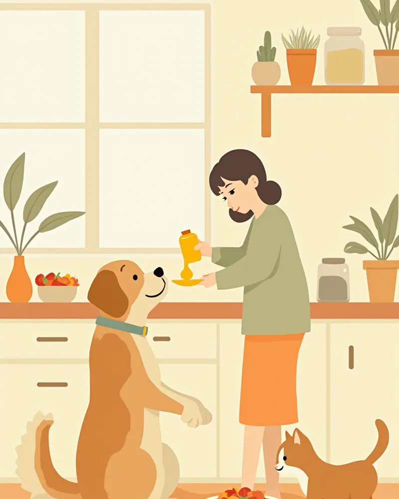 사료에 오메가3 액상을 섞어주는 보호자와 반려동물 일러스트