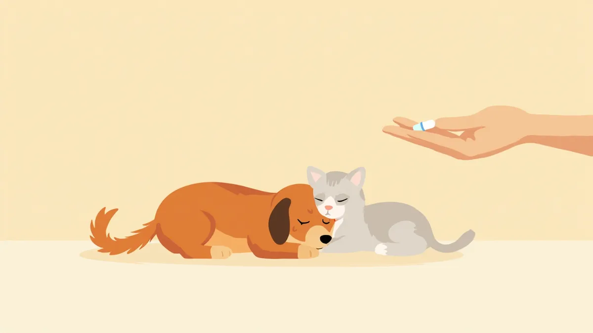 수의사가 강아지와 고양이에게 오메프라졸 캡슐을 보여주는 모습