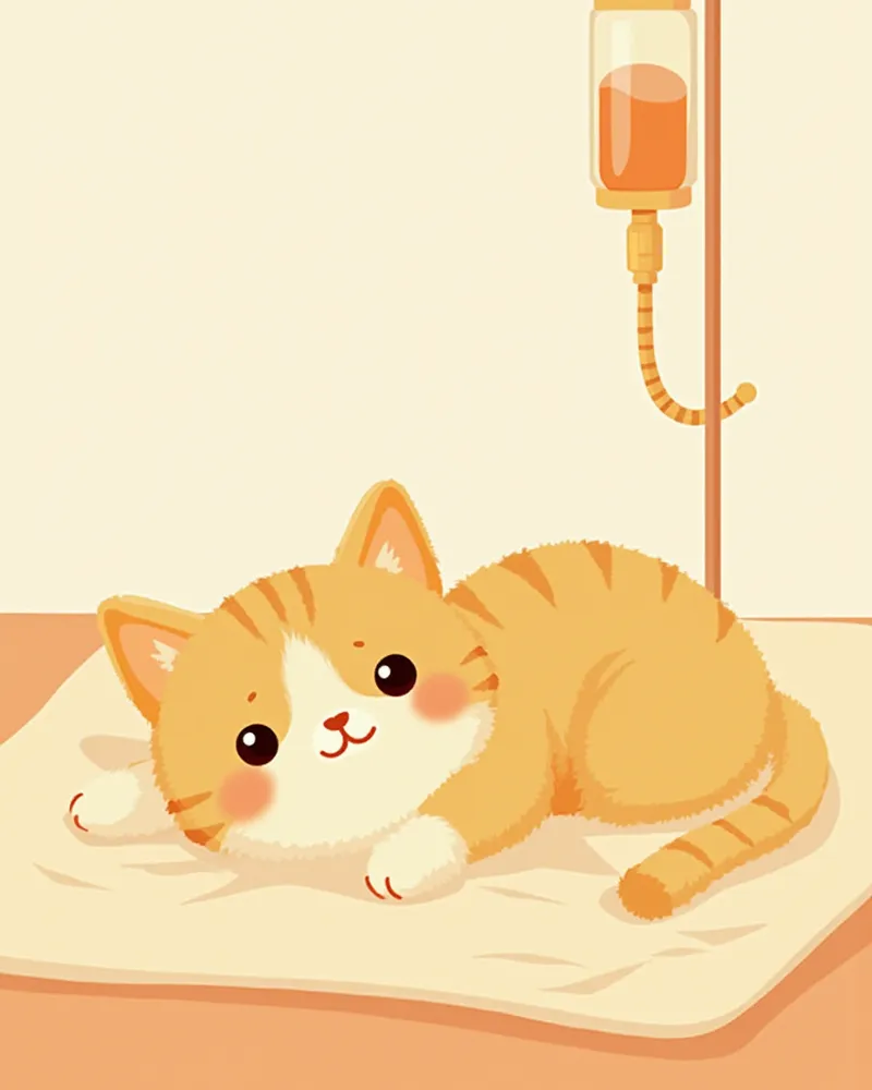 입원실에서 수액을 맞으며 쉬고 있는 고양이