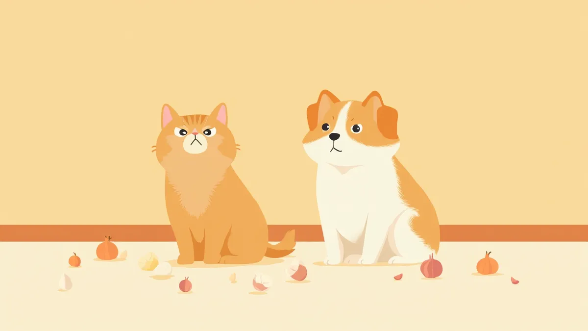 부엌 바닥에 흩어진 양파와 마늘 근처에 있는 강아지와 고양이