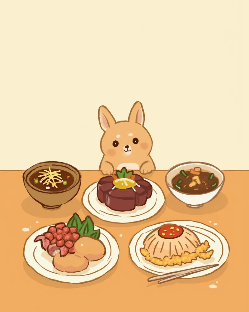 불고기, 짜장면 등 양파가 들어간 한식이 놓인 식탁을 올려다보는 강아지