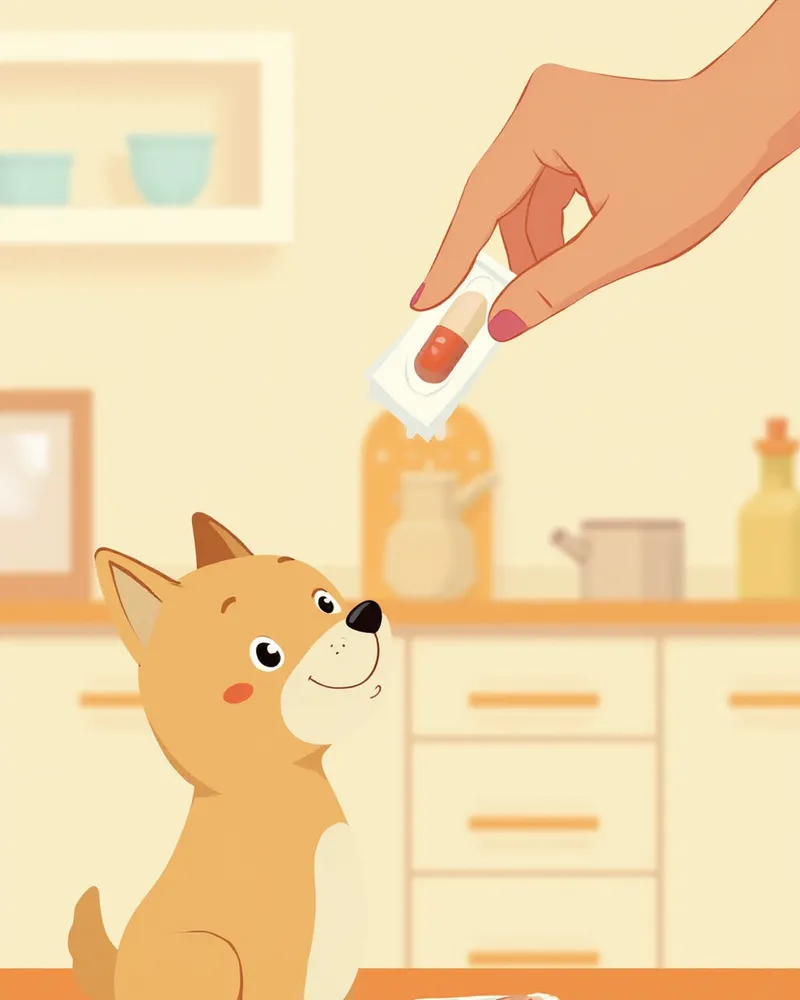 필러 포켓에 알약을 숨겨 강아지에게 주는 장면