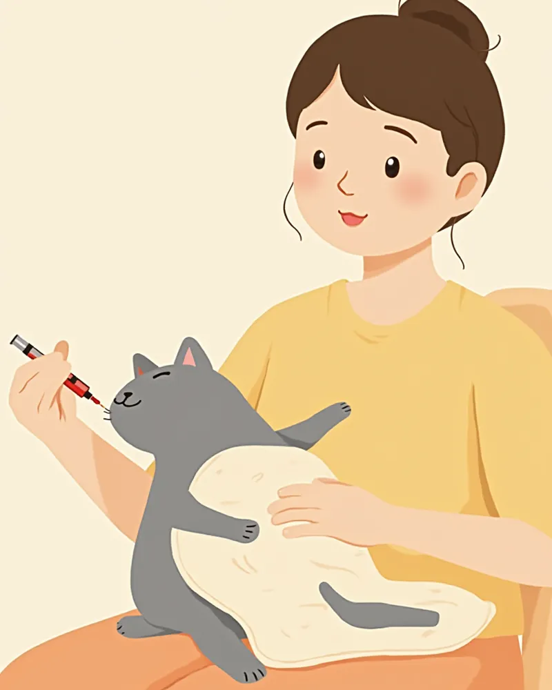 고양이에게 투약기로 액상약을 천천히 주입하는 모습