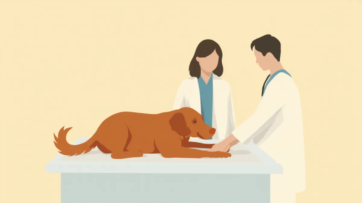 수의사가 대형견의 앞다리를 조심스럽게 촉진하는 모습