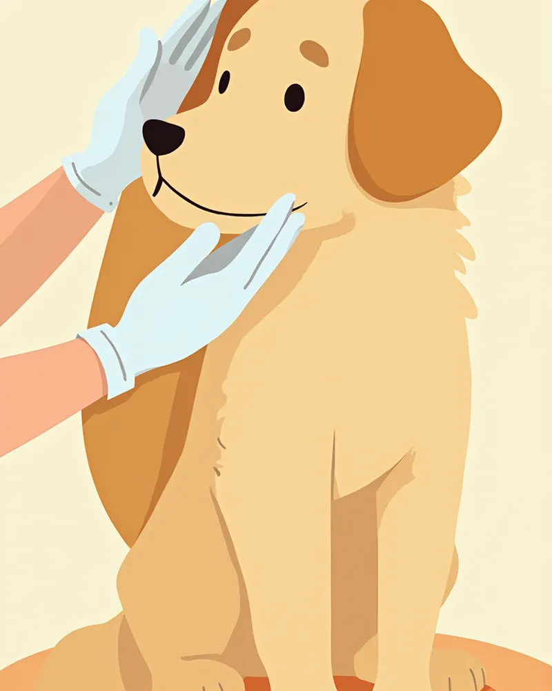 대형견의 앞다리 어깨 부위를 부드럽게 검사하는 수의사의 손