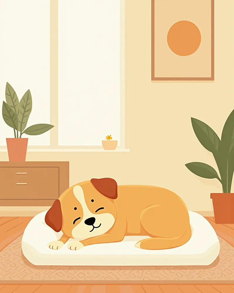 논슬립 매트가 깔린 아늑한 거실에서 편안히 쉬는 대형견