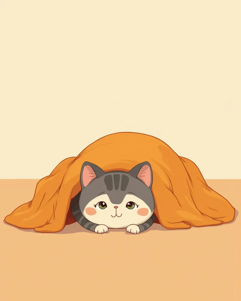 담요 아래 숨어 조용히 바깥을 바라보는 고양이