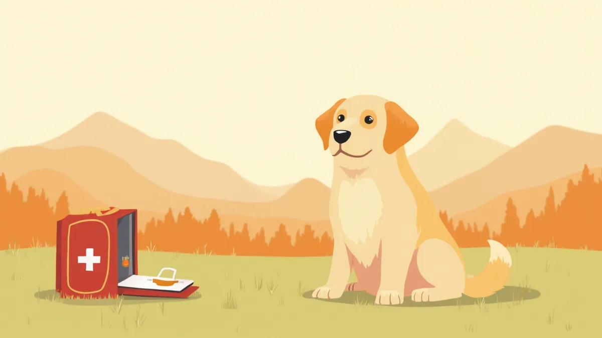 야외에서 반려동물 옆에 놓인 응급 키트