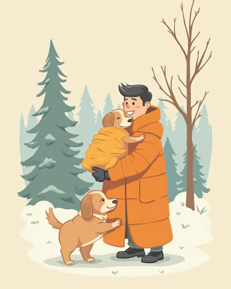 겨울 산에서 비상 담요로 감싼 강아지