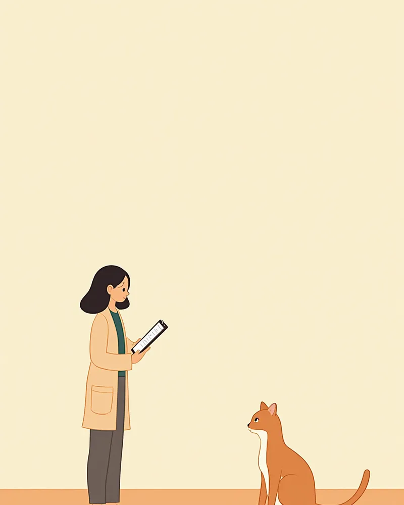 고양이를 거리를 두고 관찰하며 통증을 평가하는 수의사