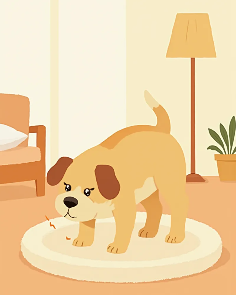 웅크린 자세로 있는 강아지를 지켜보는 보호자