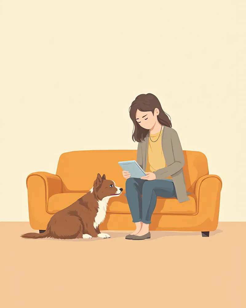 강아지를 부드럽게 살피며 기록하는 보호자