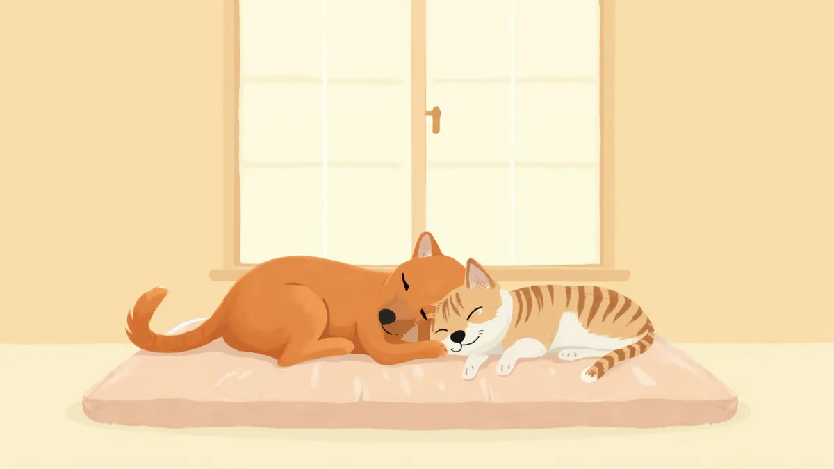 편안하게 쉬고 있는 노령 강아지와 고양이