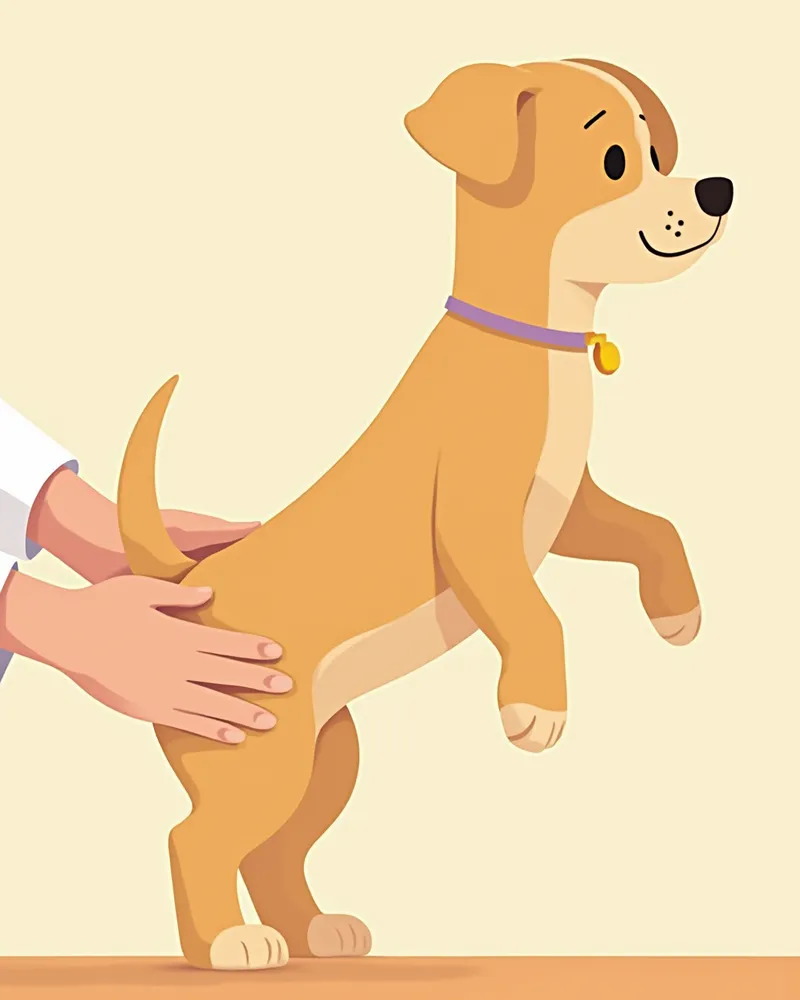 수의사에게 뒷다리 검사를 받는 소형견