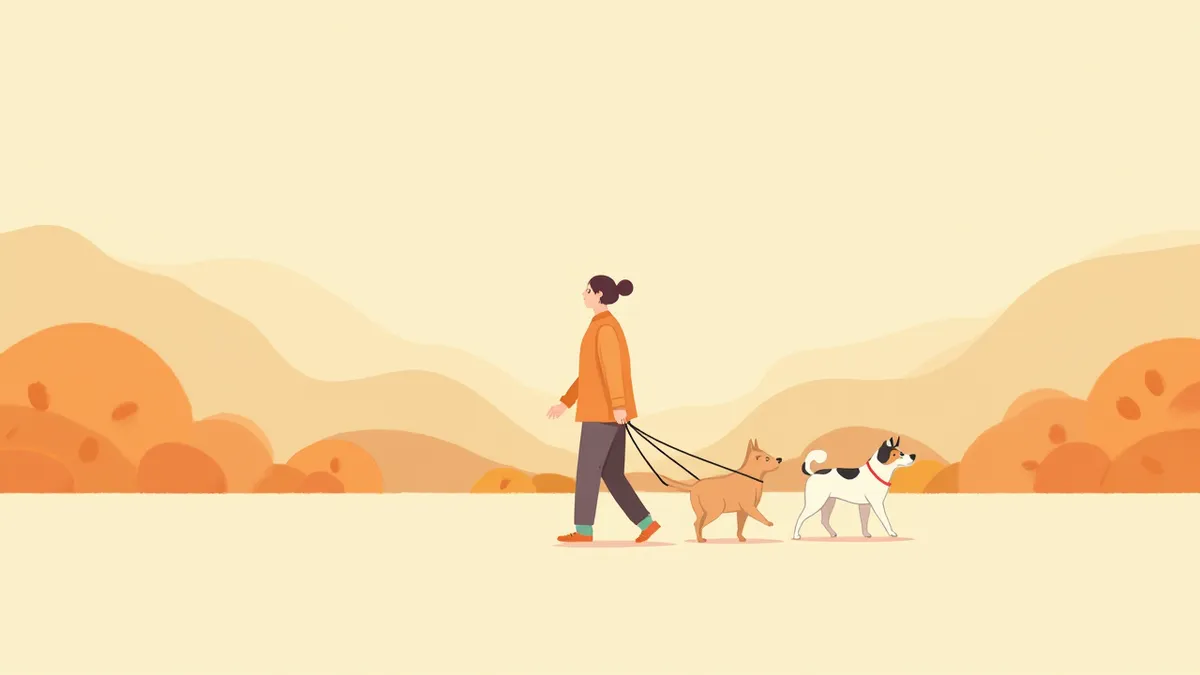 두 마리 강아지를 짧은 리드줄로 통제하며 산책하는 보호자