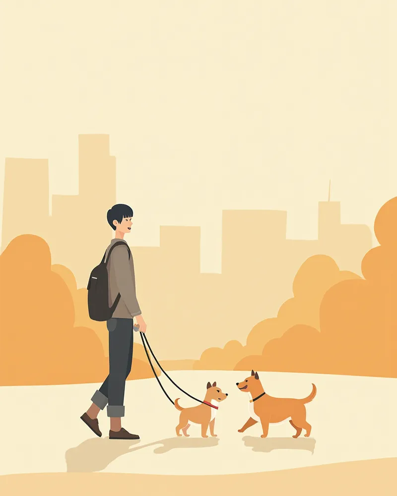 공원에서 강아지 두 마리의 간격을 벌려주는 보호자