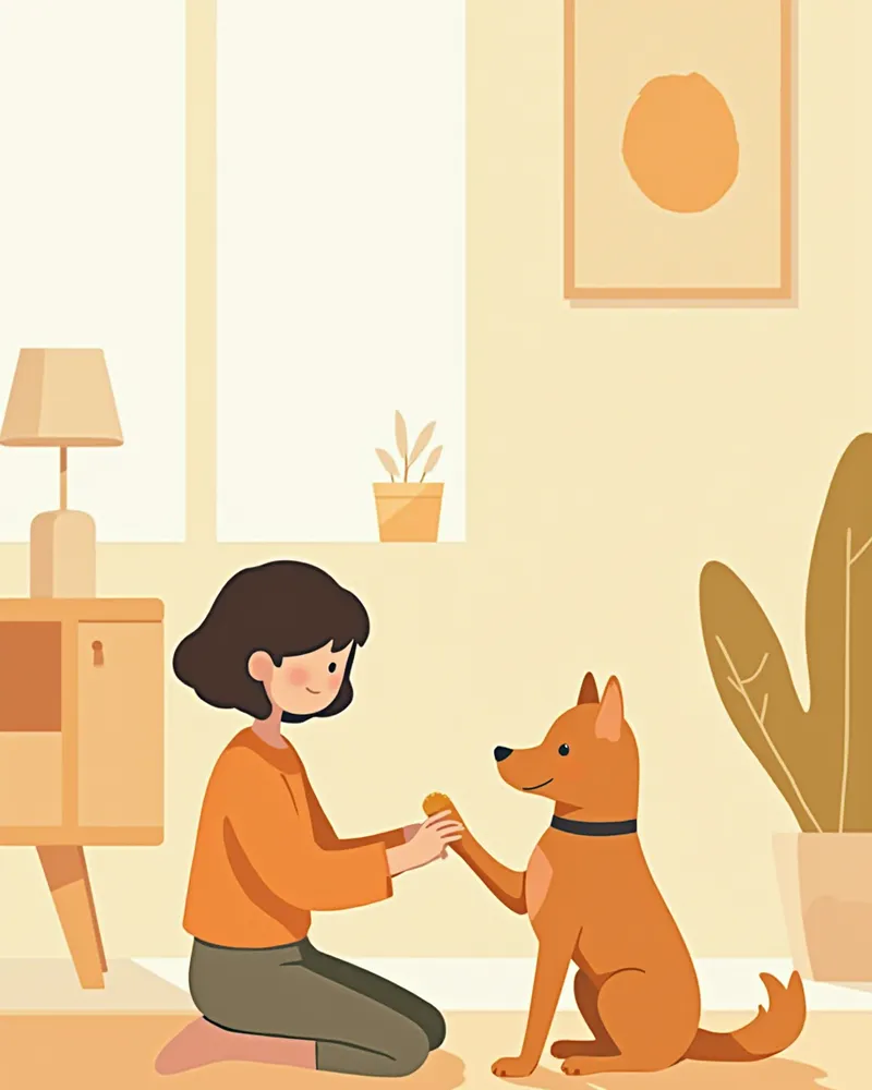 간식을 주며 강아지 발을 부드럽게 잡는 보호자