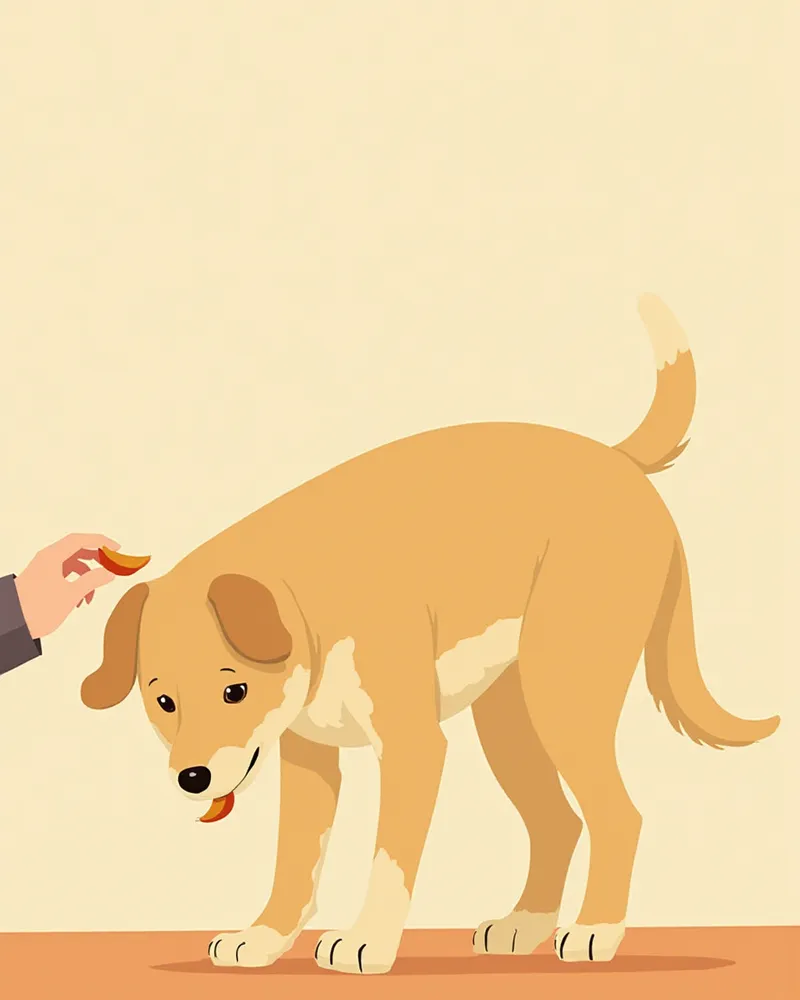 조심스럽게 간식 냄새를 맡는 성견과 보호자의 손