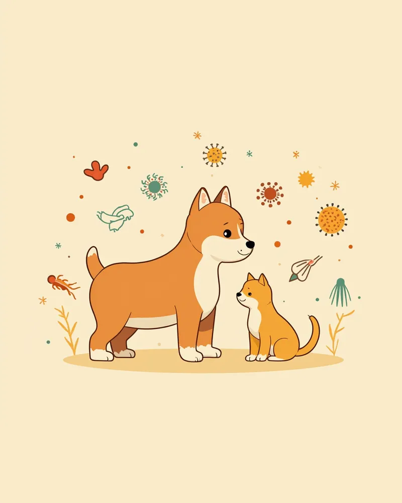 강아지와 고양이 주변에 바이러스·세균·곰팡이 아이콘이 배치된 일러스트