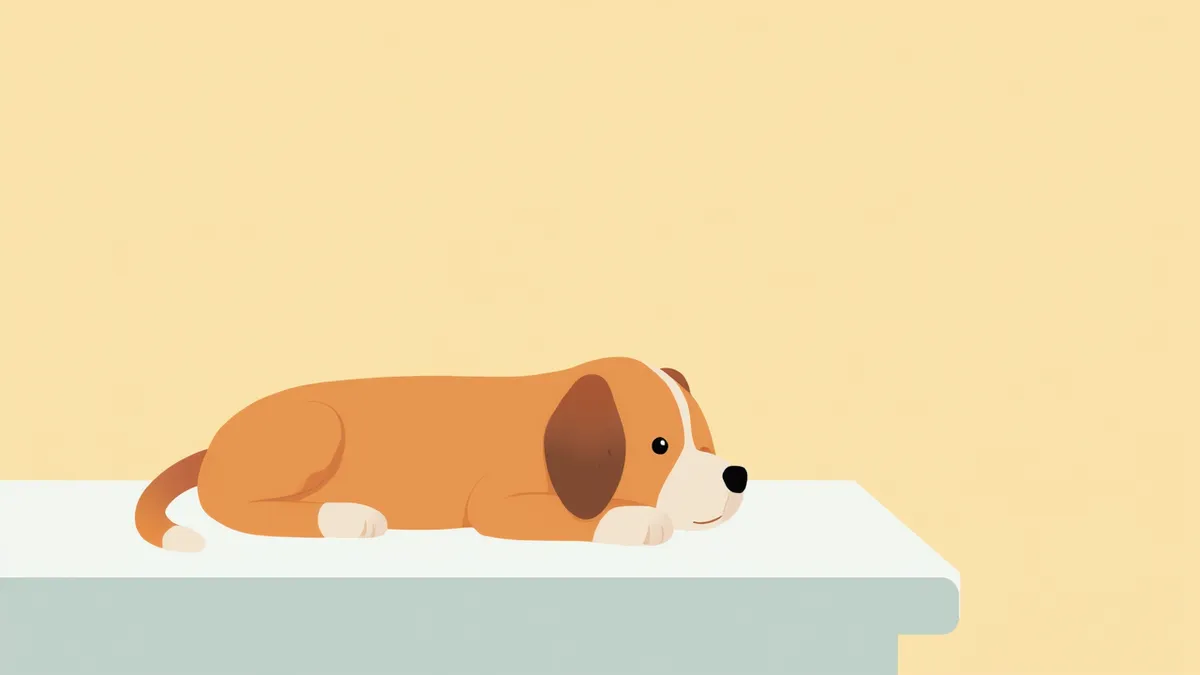 진료대 위에서 코와 귀에 딱지가 보이는 강아지