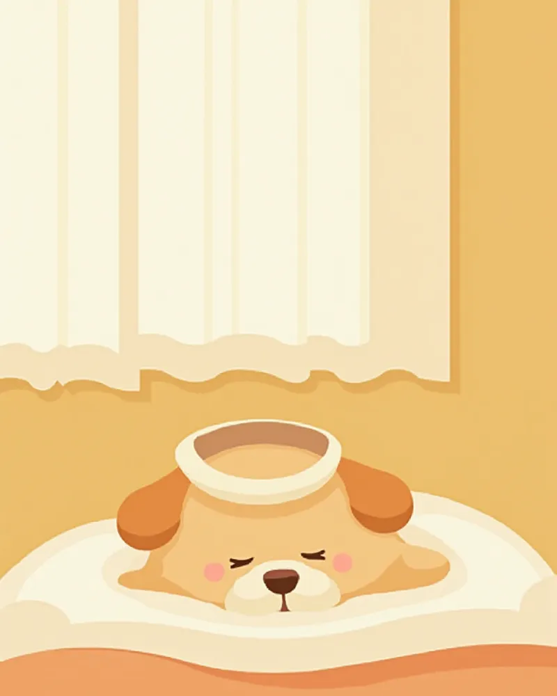 실내에서 편안히 쉬고 있는 넥카라 착용 강아지