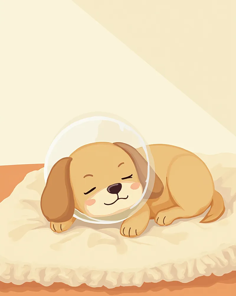 엘리자베스 칼라를 착용하고 회복 중인 강아지