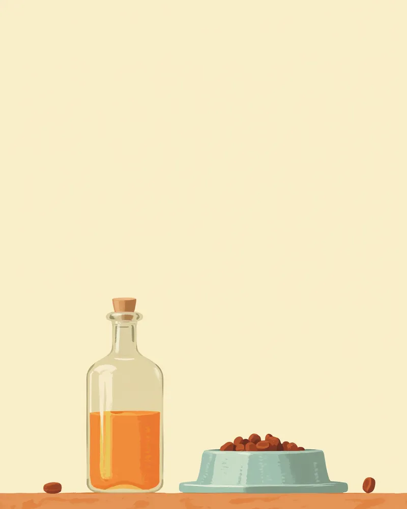 사이클로스포린 면역억제제 약병이 강아지 사료 그릇 옆에 놓인 모습