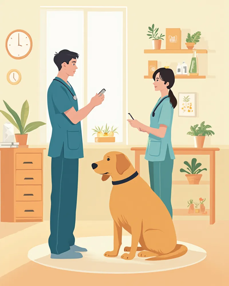 수의사와 치료 계획을 상담하는 보호자와 강아지