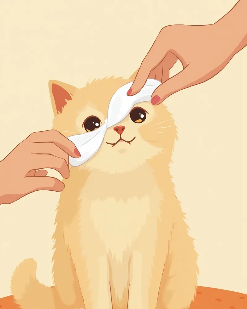 보호자가 부드러운 거즈로 페르시안 고양이의 눈가를 닦아 주는 모습