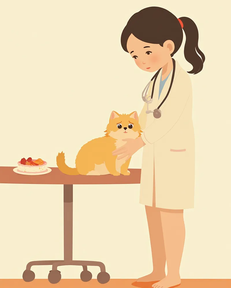 수의사가 페르시안 고양이 복부를 진찰하는 모습