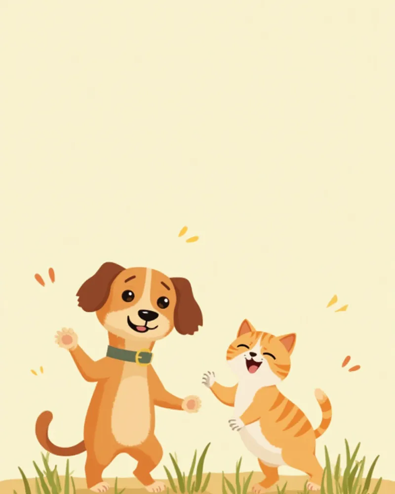 안전한 정원에서 함께 노는 건강한 강아지와 고양이