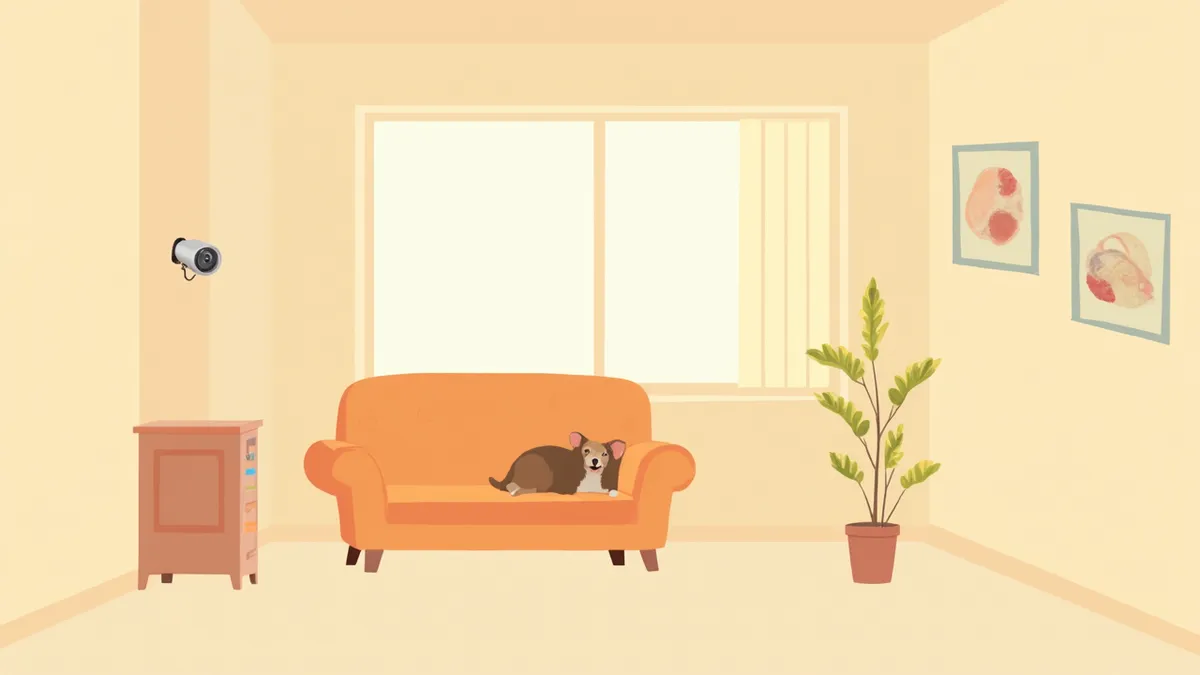 거실에 설치된 펫카메라가 강아지를 촬영하는 모습